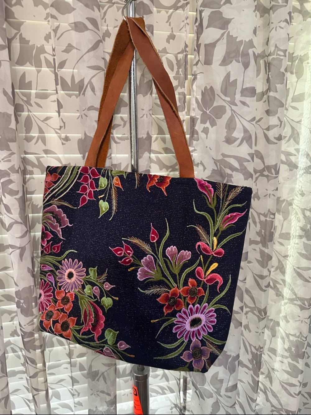 Golden Girls Bag!!  Floral Embroidered Navy Tote with Tan Leather Handles